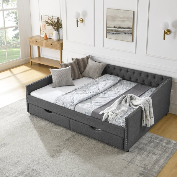 English Elm Queen Upholstered Tufted Daybed Sofa with Storage Drawers and Nailhead Arm Detail Dark Grey W1413S00195
