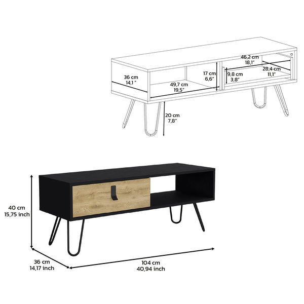 English Elm 15" Modern Rectangular Coffee Table in Black/Macadamia with Harpin Legs, Divider & Hidden Drawer B097P167464