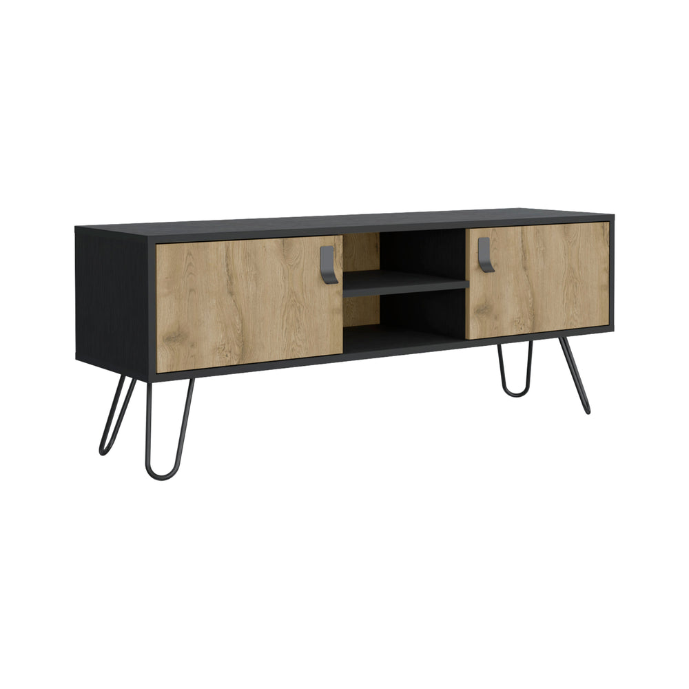 English Elm Toka Hairpin Legs TV Rack with Media Center, 2-Door Pine Storage, Cable Management, Retro Chic B097P167455