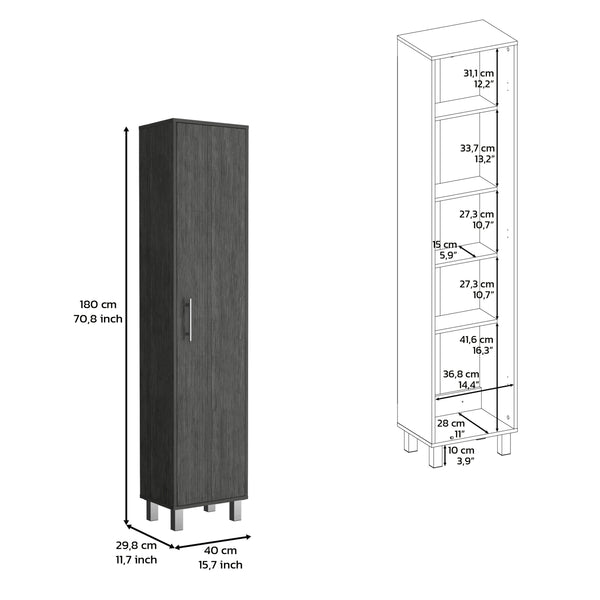 English Elm 70.8H" Tall Narrow Storage Cabinet with 5 Shelves, 3 Broom Hangers, Metal Legs for Entryway Oak 69.6 L x 20 W x 3.5 H B097P167440