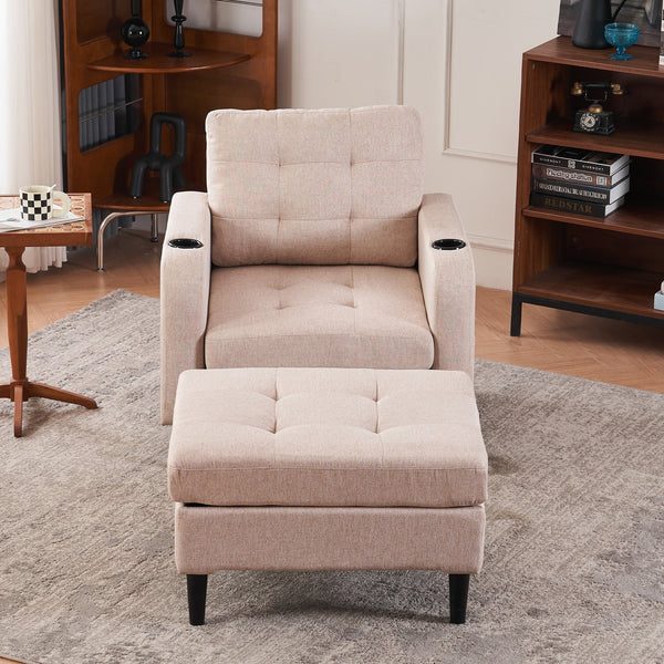English Elm Beige Tufted Upholstered Armchair with Storage Ottoman, Cup Holders & Side Pocket for Living Space W1901P149127
