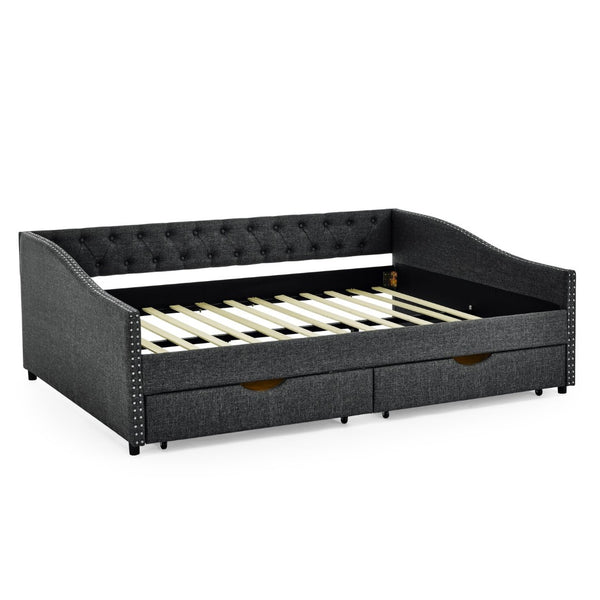 English Elm Queen Upholstered Tufted Daybed Sofa with Storage Drawers and Nailhead Arm Detail Dark Grey W1413S00195