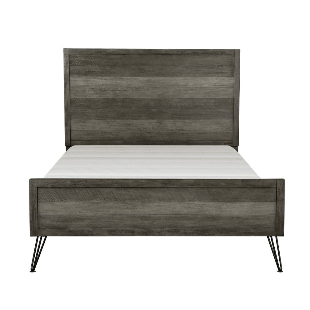 English Elm Contemporary Acacia Wood Queen Bed Slat Headboard Metal Legs 3-tone Gray Finish B011S02256