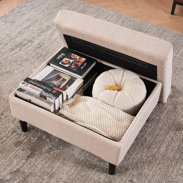 English Elm Beige Tufted Upholstered Armchair with Storage Ottoman, Cup Holders & Side Pocket for Living Space W1901P149127