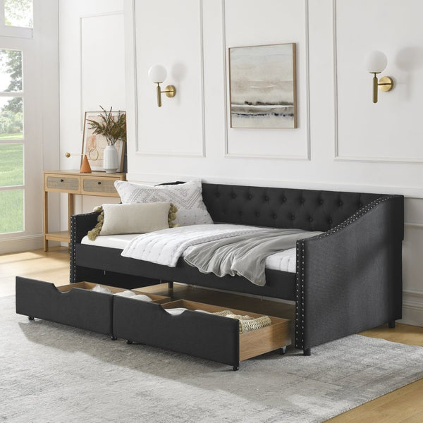 English Elm Twin Size Daybed With Storage Drawers, Upholstered Tufted Sofa Bed, Elegant Copper Nailhead Trim W1413S00029-GIGA