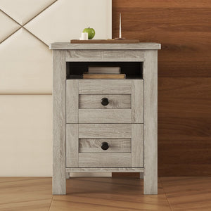 English Elm 2-Drawer Farmhouse Wooden Nightstand With Well-Proportioned Design and Sleek Lines, Wood Side Table With Storage Cabinet For Bedroom, Antique Gray