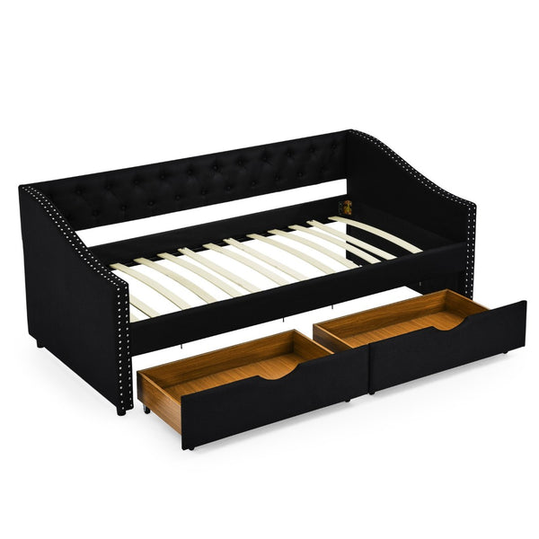 English Elm Twin Size Daybed With Storage Drawers, Upholstered Tufted Sofa Bed, Elegant Copper Nailhead Trim W1413S00029-GIGA