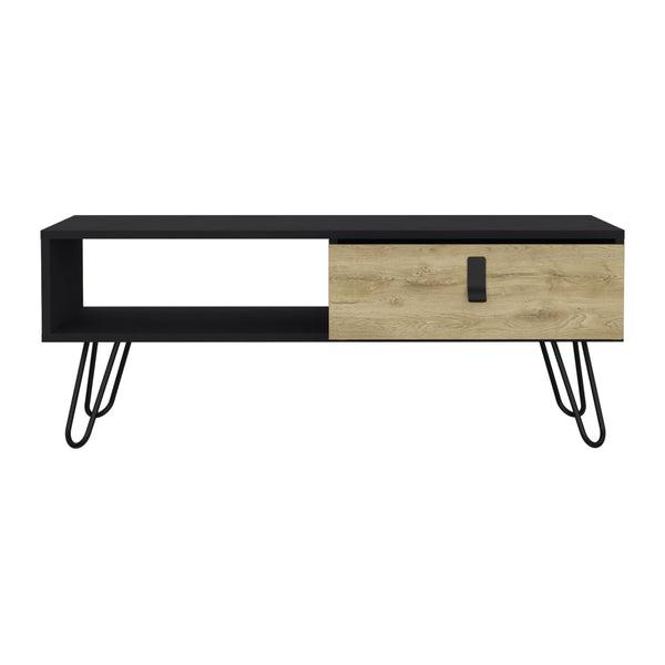 English Elm 15" Modern Rectangular Coffee Table in Black/Macadamia with Harpin Legs, Divider & Hidden Drawer B097P167464