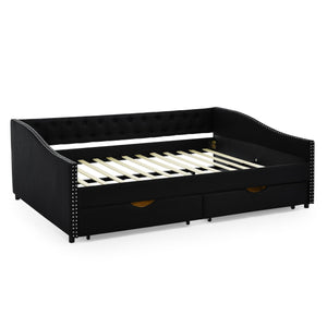 English Elm Queen Upholstery Daybed with Storage Drawers, Tufted Back & Nailhead Arms, 80"x60" Sleeper, 500lb Capacity Black W1413S00033