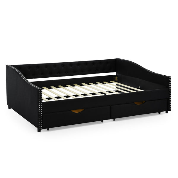 English Elm Queen Upholstery Daybed with Storage Drawers, Tufted Back & Nailhead Arms, 80"x60" Sleeper, 500lb Capacity Black W1413S00033