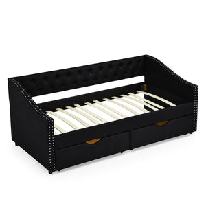 English Elm Twin Size Daybed With Storage Drawers, Upholstered Tufted Sofa Bed, Elegant Copper Nailhead Trim W1413S00029-GIGA