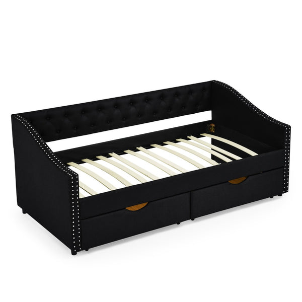 English Elm Twin Size Daybed With Storage Drawers, Upholstered Tufted Sofa Bed, Elegant Copper Nailhead Trim W1413S00029-GIGA