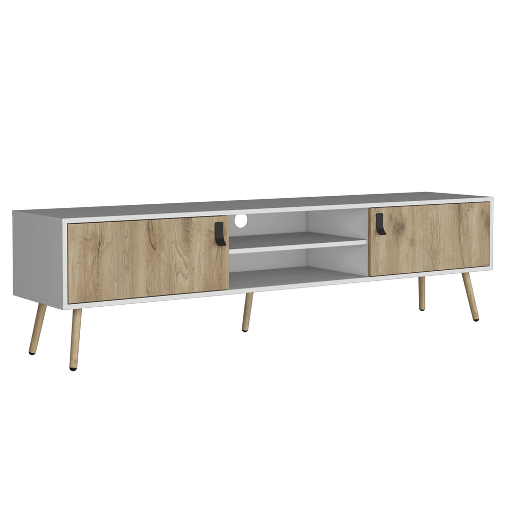 English Elm Toka White+Walnut TV Rack with 2 Hinged Doors, 4 Shelves, Pine Build, Elegant Storage & Stability B097P167454