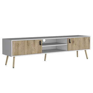English Elm Toka White+Walnut TV Rack with 2 Hinged Doors, 4 Shelves, Pine Build, Elegant Storage & Stability B097P167454