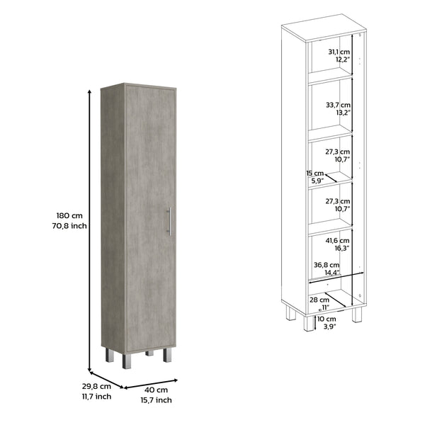 English Elm 70.8H" Tall Narrow Storage Cabinet with 5 Shelves, 3 Broom Hangers, Metal Legs for Entryway Gray 69.6 L x 20 W x 3.5 H B097P167439