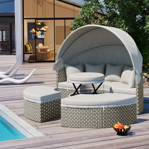 English Elm TOPMAX All-Weather Rattan Round Sectional Daybed with Retractable Canopy, Adjustable Table & Cushions Gray SP100023AAE