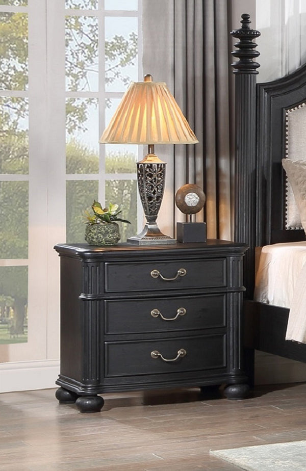 English Elm 1pc Vintage 3-Drawer Nightstand Black Gray Finish — Spacious Wooden Bedroom Storage with Metal Hardware B011P167817
