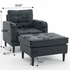 English Elm Dark Gray Tufted Upholstered Armchair with Storage Ottoman, Cup Holders, Side Pocket & Metal Frame W1901P149126