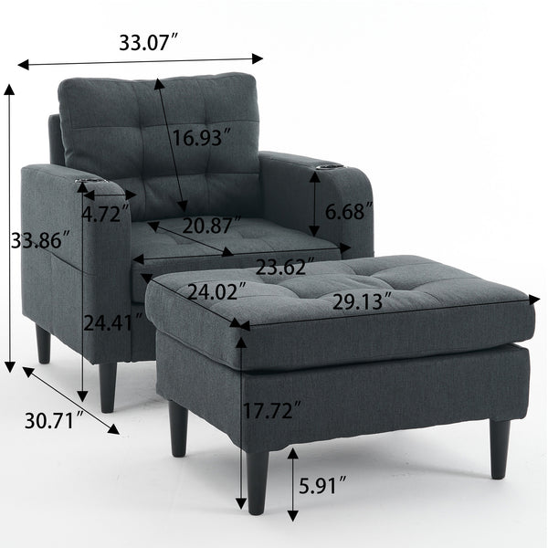 English Elm Dark Gray Tufted Upholstered Armchair with Storage Ottoman, Cup Holders, Side Pocket & Metal Frame W1901P149126