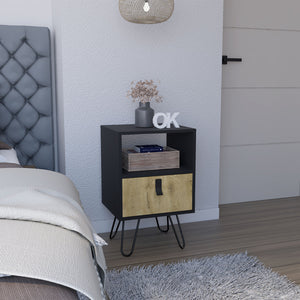 English Elm Nightstand with Hairpin Legs and Drawer, 24"H Black Macadamia, Compact Modern Storage Solution B097P167470