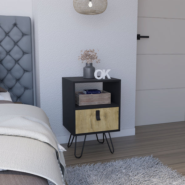 English Elm Nightstand with Hairpin Legs and Drawer, 24"H Black Macadamia, Compact Modern Storage Solution B097P167470