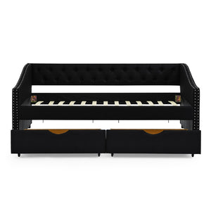 English Elm Twin Size Daybed With Storage Drawers, Upholstered Tufted Sofa Bed, Elegant Copper Nailhead Trim W1413S00029-GIGA