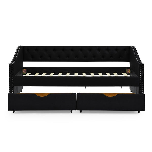 English Elm Twin Size Daybed With Storage Drawers, Upholstered Tufted Sofa Bed, Elegant Copper Nailhead Trim W1413S00029-GIGA