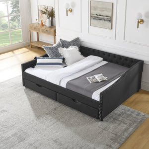 English Elm Queen Upholstered Tufted Daybed Sofa with Storage Drawers and Nailhead Arm Detail Black W1413S00194