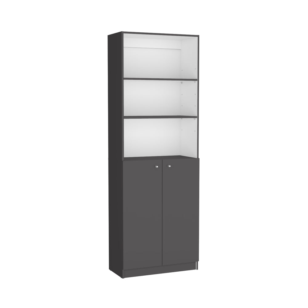 English Elm Vinton 2-Door Bookcase with Upper Shelves — Matt Gray/White Pine, 3 Open & 2 Closed Shelves, Sturdy Organizing Solution B097P167428