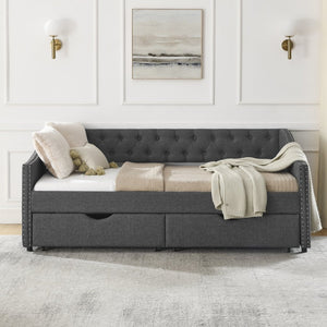 English Elm Twin Size Daybed With Stylish Drawers, Upholstered Tufted Design, Copper Nailhead Trim & Comfort Support W1413S00030-GIGA