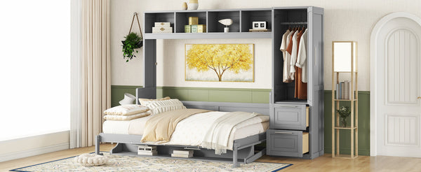 English Elm Queen Murphy Wall Bed with Integrated Wardrobe and Drawers for Studio or Guest Room Gray LP000793AAE-1