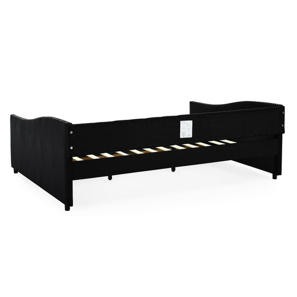 English Elm Queen Upholstered Tufted Daybed Sofa with Storage Drawers and Nailhead Arm Detail Black W1413S00194