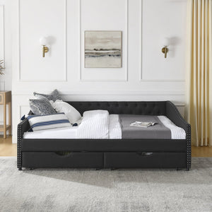 English Elm Queen Upholstery Daybed with Storage Drawers, Tufted Back & Nailhead Arms, 80"x60" Sleeper, 500lb Capacity Black W1413S00033