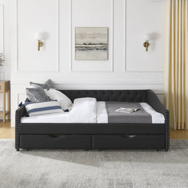 English Elm Queen Upholstery Daybed with Storage Drawers, Tufted Back & Nailhead Arms, 80"x60" Sleeper, 500lb Capacity Black W1413S00033