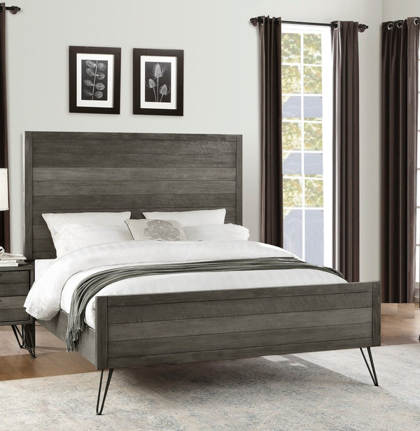 English Elm Contemporary Solid Acacia Full Bed with Slat Paneling and Industrial Metal Legs B011S02257