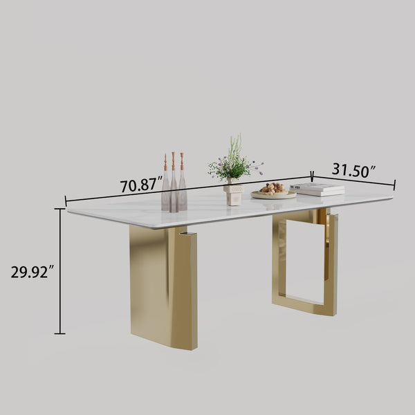 English Elm 0.47" Sintered Stone Glass Top Rectangular Dining Table with Polished Steel Base Seats Six W1311S00175