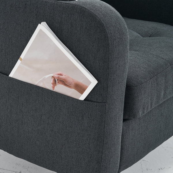 English Elm Dark Gray Tufted Upholstered Armchair with Storage Ottoman, Cup Holders, Side Pocket & Metal Frame W1901P149126