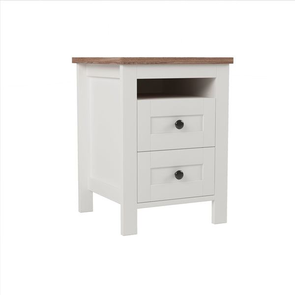 English Elm 2-Drawer Farmhouse Nightstand with Spacious Storage, Weathered White-Brown Wood Side Table, Durable Elegance WF317945AAK