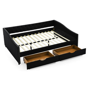 English Elm Queen Upholstery Daybed with Storage Drawers, Tufted Back & Nailhead Arms, 80"x60" Sleeper, 500lb Capacity Black W1413S00033