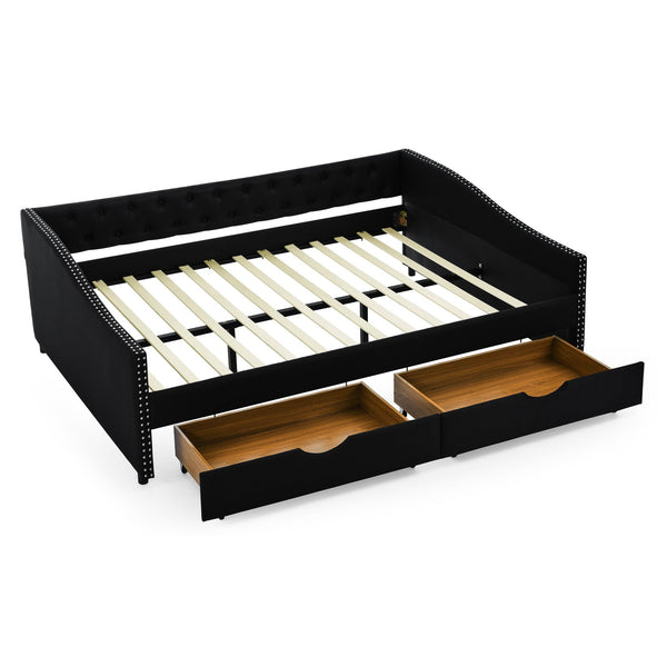 English Elm Queen Upholstery Daybed with Storage Drawers, Tufted Back & Nailhead Arms, 80"x60" Sleeper, 500lb Capacity Black W1413S00033