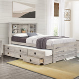 Hearth and Haven Radiate Twin Size Bookcase Captain Bed with 3 Drawers and Trundle, Rustic White BS316105AAC