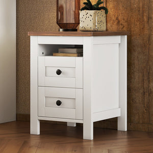 English Elm 2-Drawer Farmhouse Nightstand with Spacious Storage, Weathered White-Brown Wood Side Table, Durable Elegance WF317945AAK