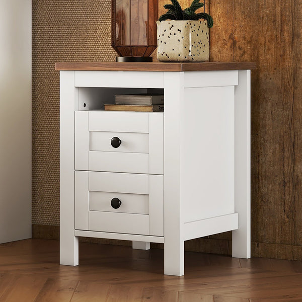 English Elm 2-Drawer Farmhouse Nightstand with Spacious Storage, Weathered White-Brown Wood Side Table, Durable Elegance WF317945AAK
