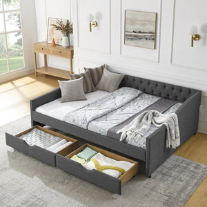 English Elm Queen Upholstered Tufted Daybed Sofa with Storage Drawers and Nailhead Arm Detail Dark Grey W1413S00195