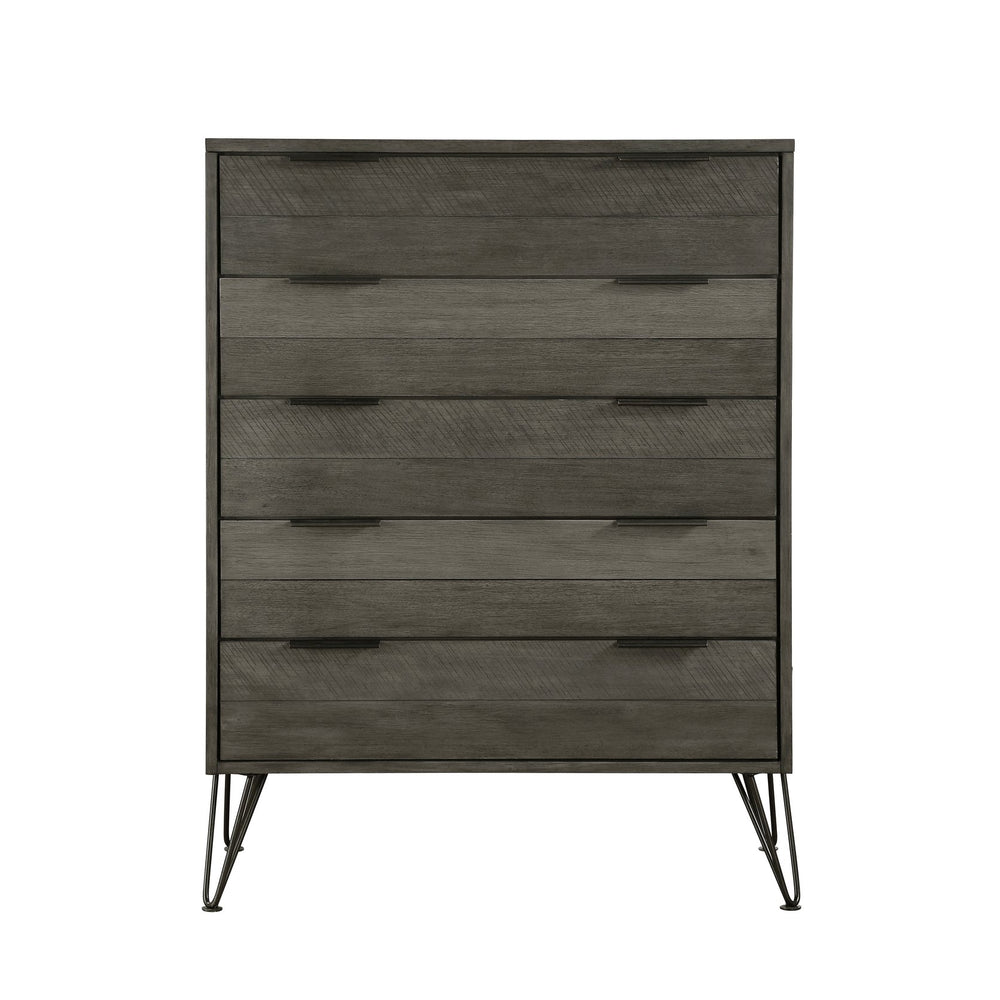 English Elm Contemporary Three-Tone Gray Acacia Chest of Drawers on Metal Legs, 5-Drawer Horizontal Slat Design, 51.5"H B01146550