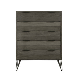 English Elm Contemporary Three-Tone Gray Acacia Chest of Drawers on Metal Legs, 5-Drawer Horizontal Slat Design, 51.5"H B01146550