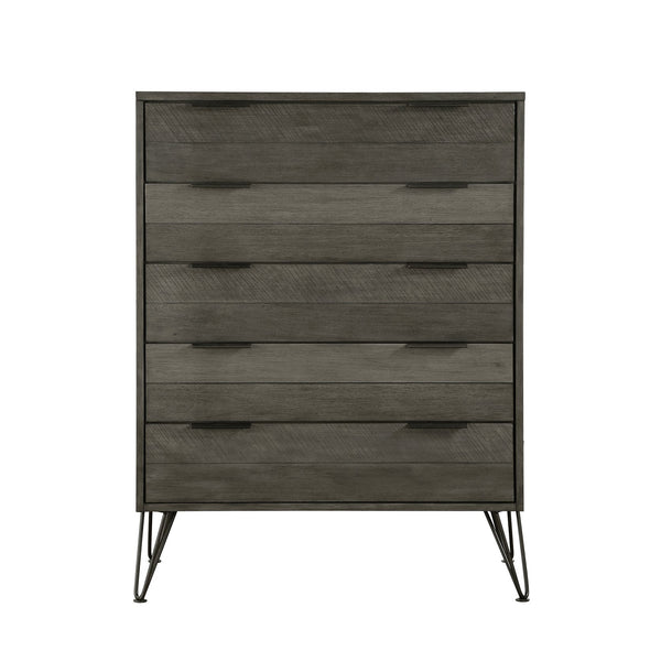 English Elm Contemporary Three-Tone Gray Acacia Chest of Drawers on Metal Legs, 5-Drawer Horizontal Slat Design, 51.5"H B01146550