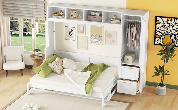 English Elm Queen Murphy Wall Bed with Integrated Wardrobe and Drawers for Studio or Guest Room White LP000793AAK-1