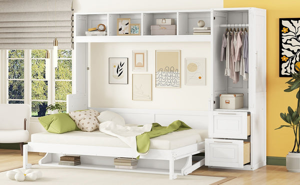 English Elm Queen Murphy Wall Bed with Integrated Wardrobe and Drawers for Studio or Guest Room White LP000793AAK-1