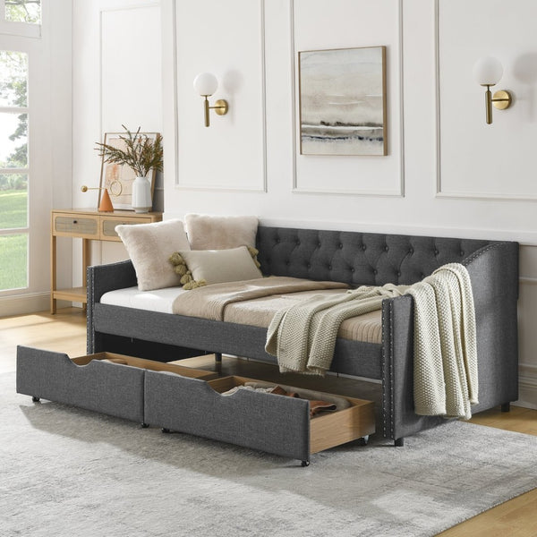 English Elm Twin Size Daybed With Stylish Drawers, Upholstered Tufted Design, Copper Nailhead Trim & Comfort Support W1413S00030-GIGA